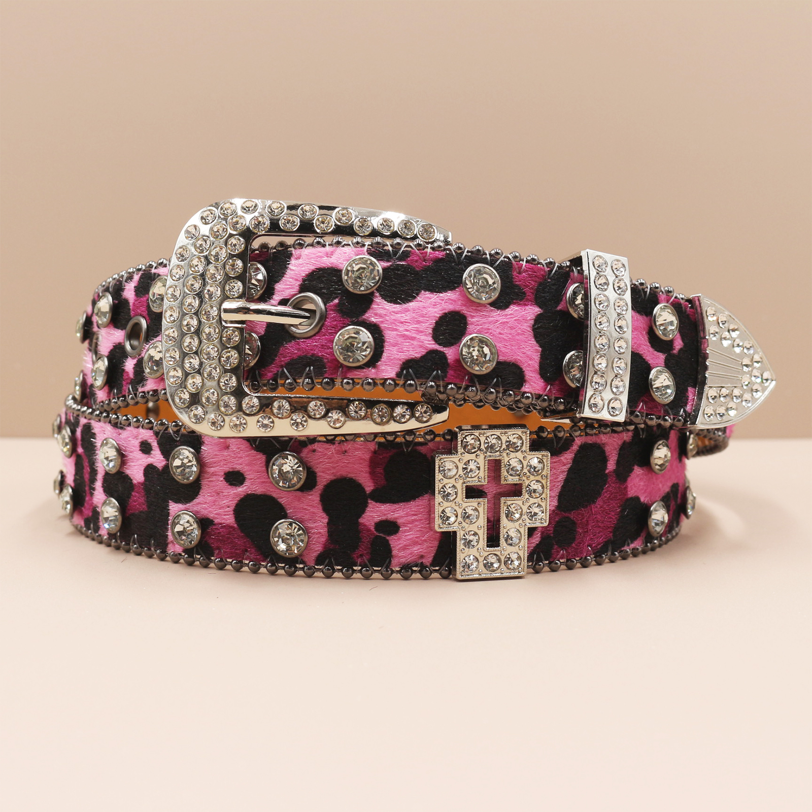 Cinturones con estampado de leopardo de 3,3 cm, cinturón vaquero con diamantes de imitación para mujer, cinturón vaquero occidental con de tachuelas brillantes, cinturones de cuero estilo Punk Rock Y2K: Rosa / 125 cm