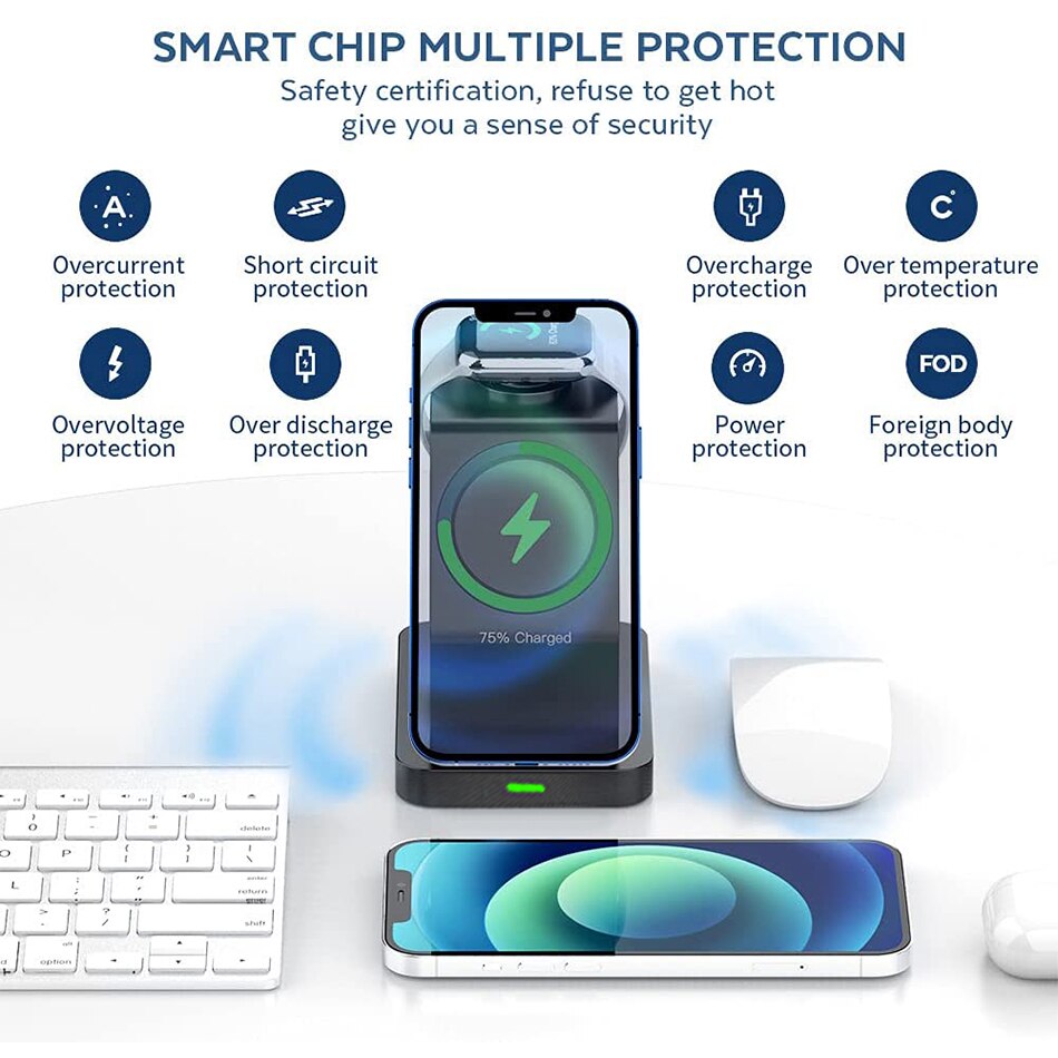 30w kabelloser ladeständer für iphone 13, 12 pro max, apple watch 3 in und 1 qi; schnellladestation für airpods pro und iwatch 7 und 6