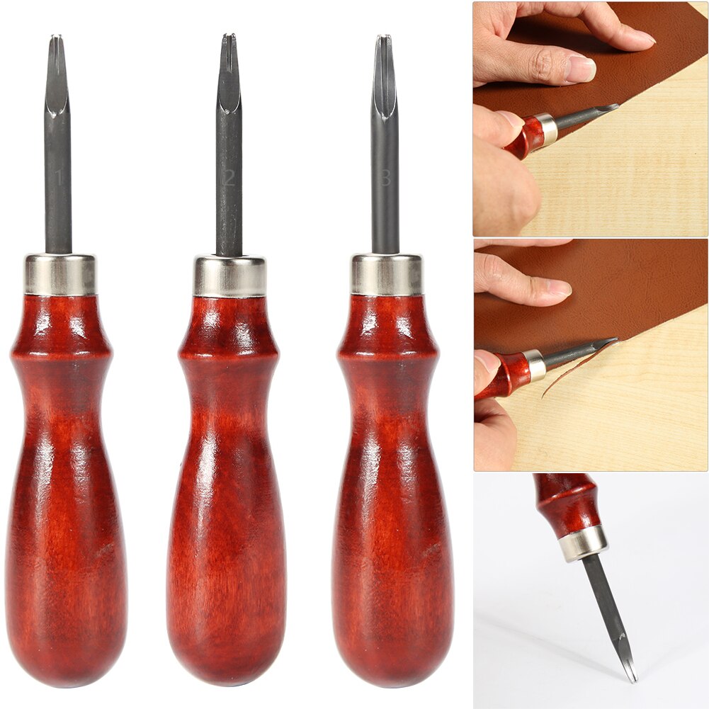 0.8/1/1.2mm Sharp Leather Edge Beveler Skiving Tools Wood Handle Leather Edge Cutter Leathercraft DIY Cutting Tool