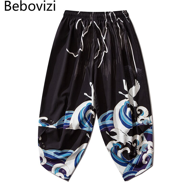 Bebovizi-Conjunto de pantalones tipo Kimono para hombre y mujer, pantalón negro holgado con cintura elástica, estilo chino, estilo japonés,