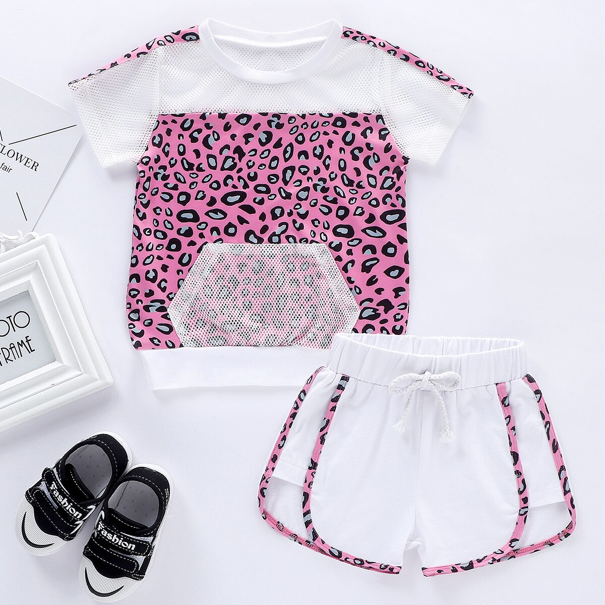 Baby andas fisknät mjuk soldräkt ficka outfits sommarkläder spädbarn barn baby flickor leopard patchwork kläder set