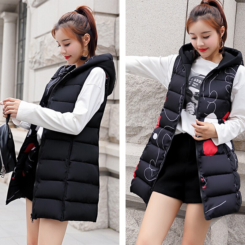 Winter Long Puffer Vest Cotton Padded Korean Style Slim Plus Size Hooded Both Sides Can Be Wear Casual Chalecos Para Mujer: Black / XL