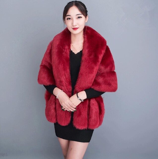 JaneVini Weiß Winter Braut Pelz Faux wickelt Frauen Warme Tücher Mäntel Hochzeit Mantel Jacken für Abend Party Etole Mariage: Burgund