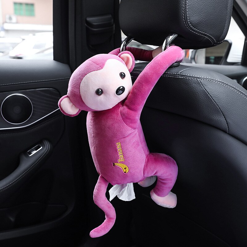 Caja de pañuelos creativa, caja de servilletas de papel de mono lindo, cajas de papel de animales de dibujos animados lindos, soporte colgante para coche y pared para servilletas: pink with paper
