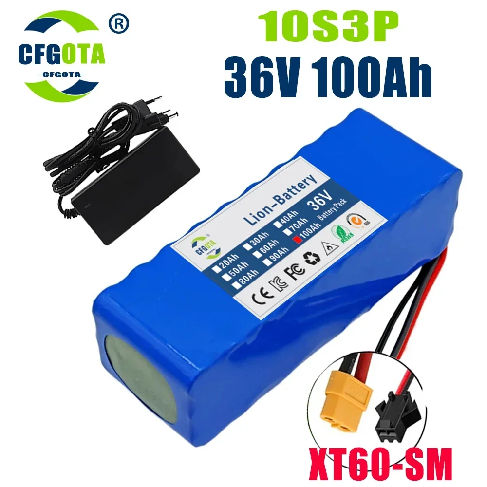 36V 100ah 18650 Batterij 10S 3P 100000Mah Ingebouwde 15a Bms, 250W-500W Batterij + 42V 2a Oplader: Sky Blue