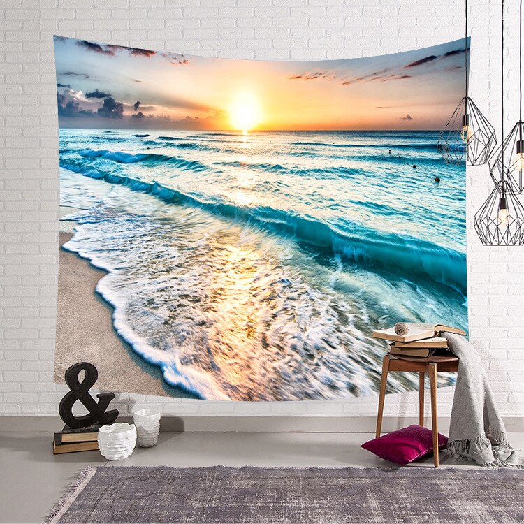 Tapisserie mer soleil océan plage tenture murale eau paysage plage décor bleu nuage bleu mousseux à la main polyester couverture