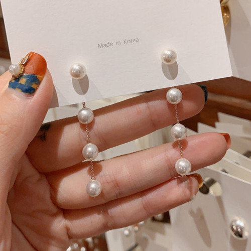 Trendy oorbellen voor dames met imitatieparels, lange oorbellen met witte ronde parels, trouwoorbellen met hanger, koreaanse sieraden oorbellen: Verzilverd