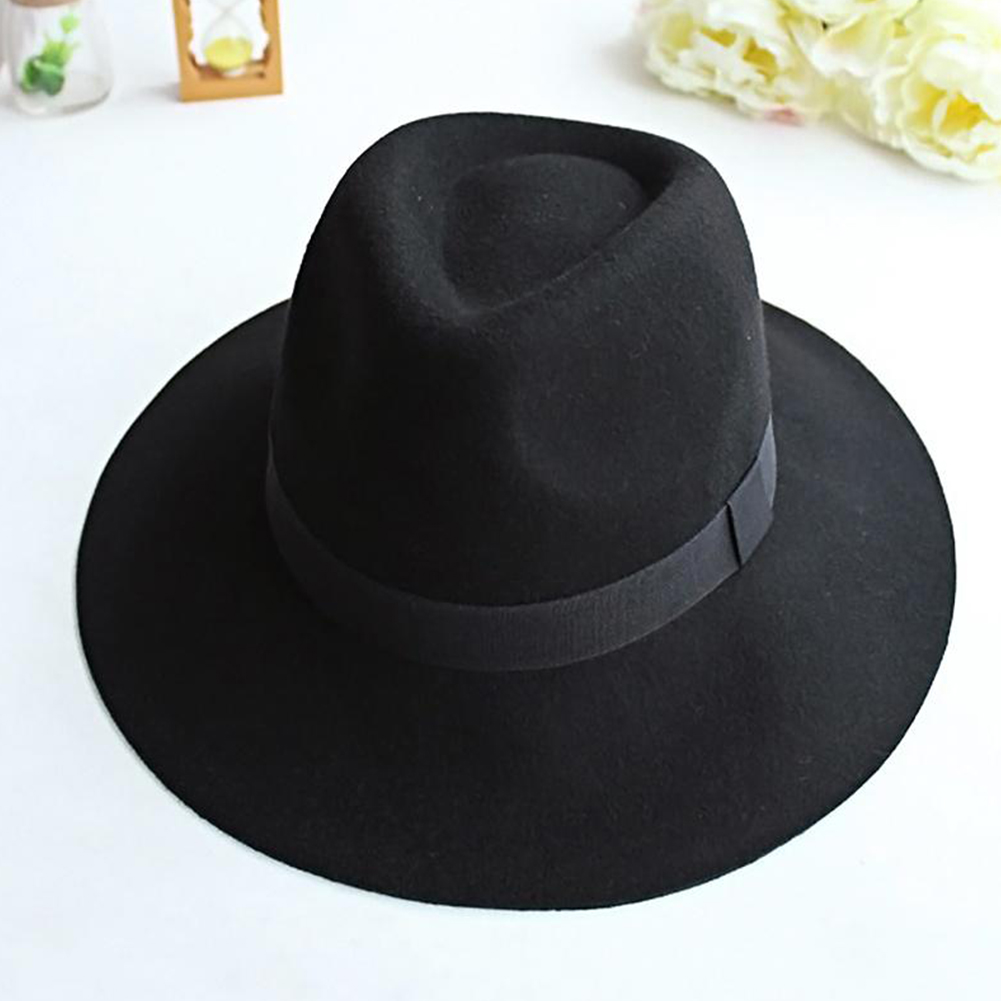 Ala ancha mujer otoño gorra de sombrero Jazz sombrero de fieltro invernal para sombrero de lana de mujer de mujer sombrero negro