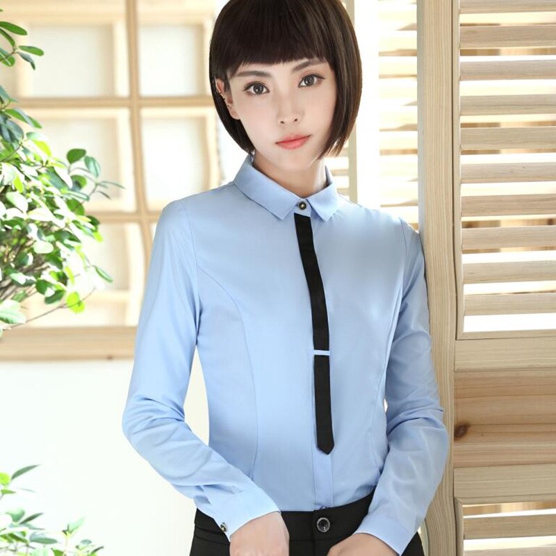 Kleren Ol Vrouwen Lange Mouw Herfst Slanke Patchwork Chiffon Blouse Kantoor Dames Plus Size Formele Tops: Light blue / 4XL