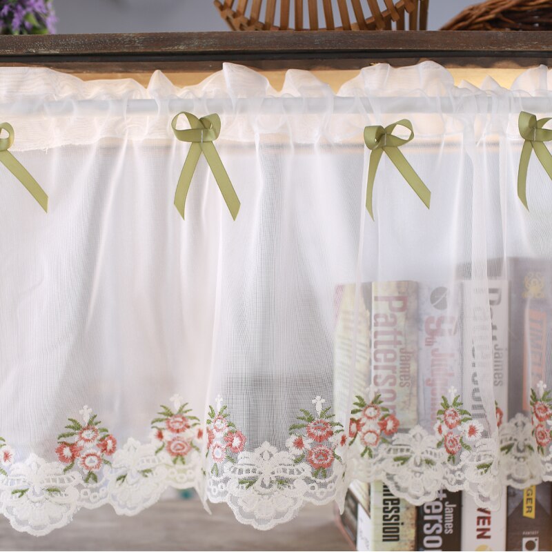 Cortina de tul blanca para cocina, cenefa Pastoral para puerta de café, embellecedor Floral, transparente, decoración de ventana: 1PC Tulle Green Bow / Width250 x Height35