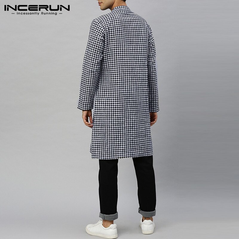 Incerun vintage lange overhemden heren geruite overhemden lange mouwen opstaande kraag camisa man losse knopen zak islamitische arabische tops