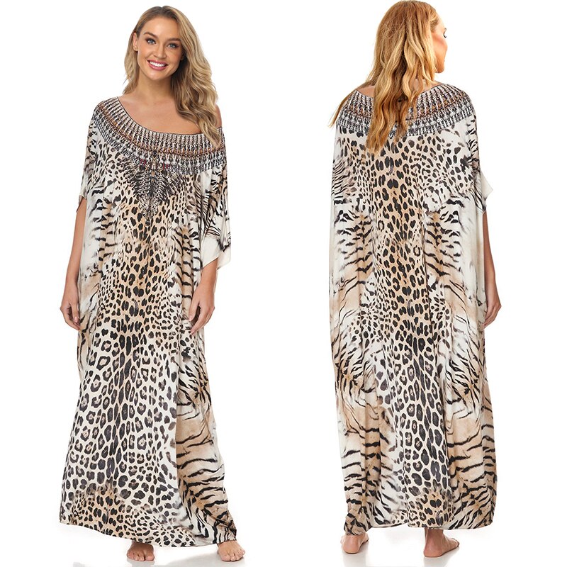 Luipaardprint badpak cover-up plus size bohemian maxi-jurk pareo's de playa mujer kaftan jurk sarong tuniek voor strand badmode