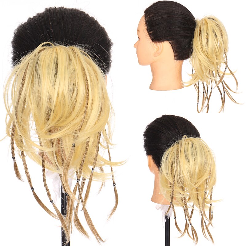 DIANQI Synthetic Messy Bun With Small Braided Hair Straight Chignon Elastic Messy Scrunchies Wrap Ponytail Extension For Women