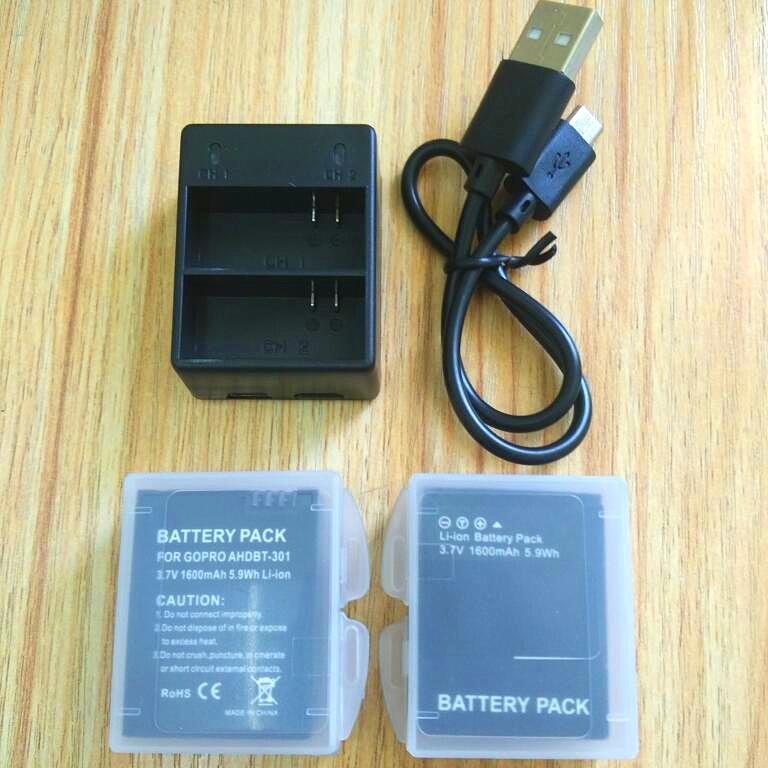 Gopro Held 3 + Batterie 3,7 V AHDBT-301 Batterie Ladegerät USB Dual Ladegerät Batterie fallen Für GOPRO3 AHDBT302 Aktion kamera zubehör: 1Ladegerät 2Batterie