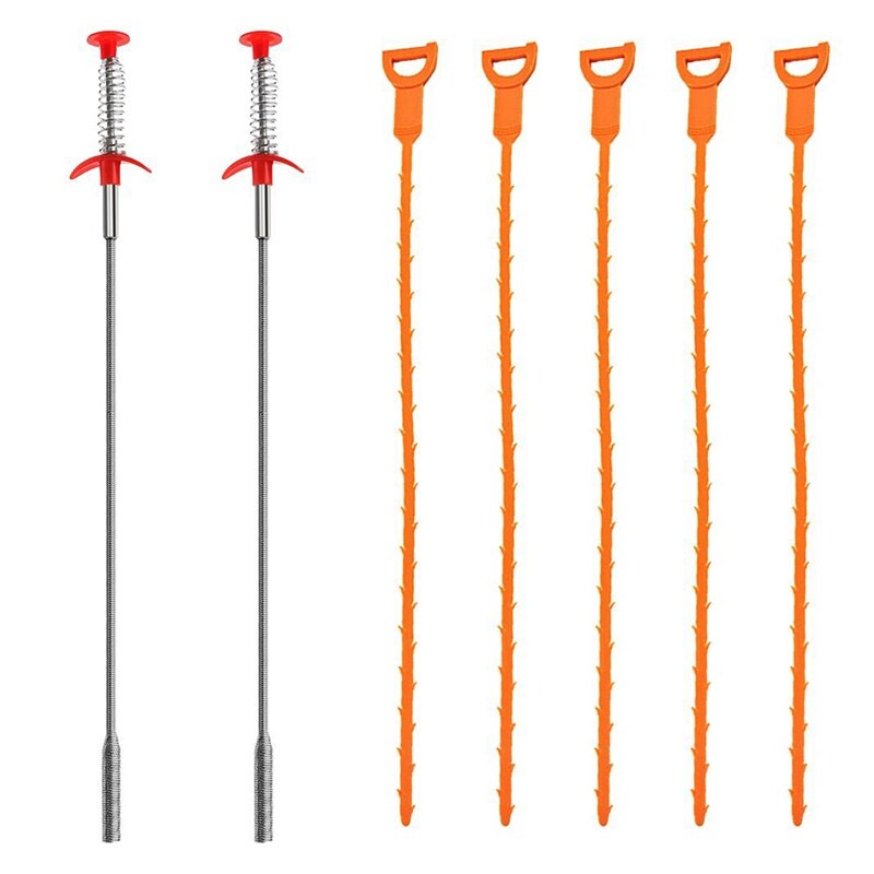 7 -pack dräneringsorm , 20 tums håravloppstäppborttagningsmedel avloppsavlastningsborrrengöringsverktyg  (2 rostfritt stål och 5 plast)