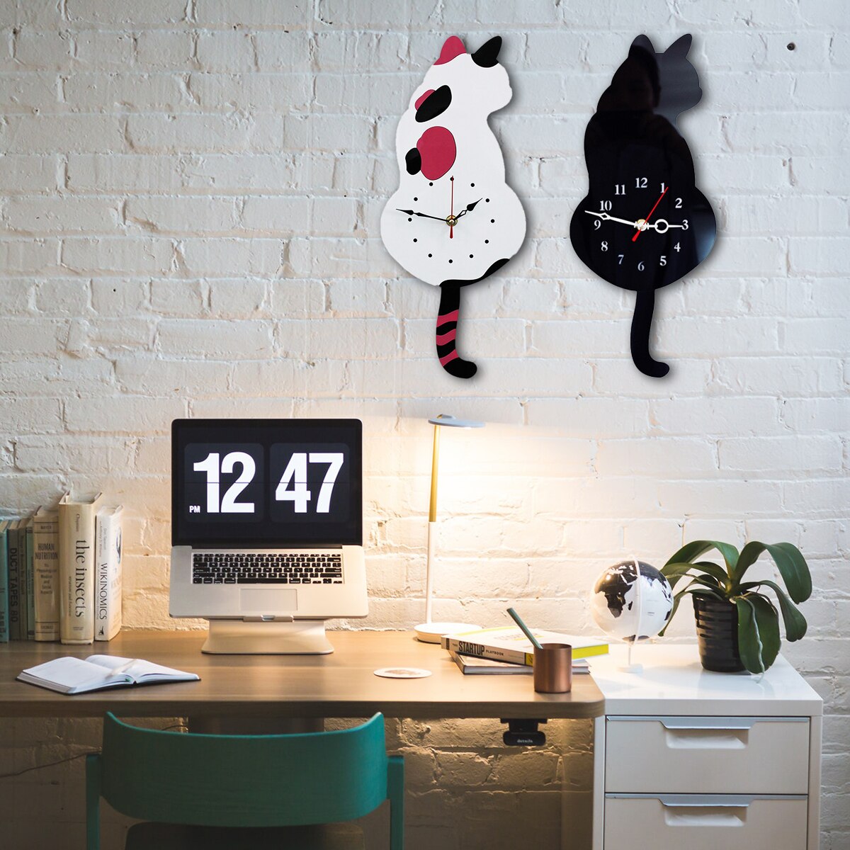 3D Cute Cat Wall Clock Wag Tail Silence Home Decoration Kids Black