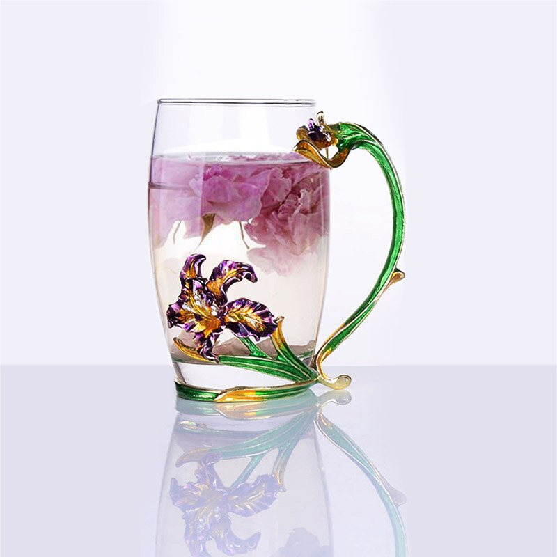 Iris blomma emalj glas kopp applikation värmebeständig glas te kopp kaffe glas bröllop familj kontor drinkware box