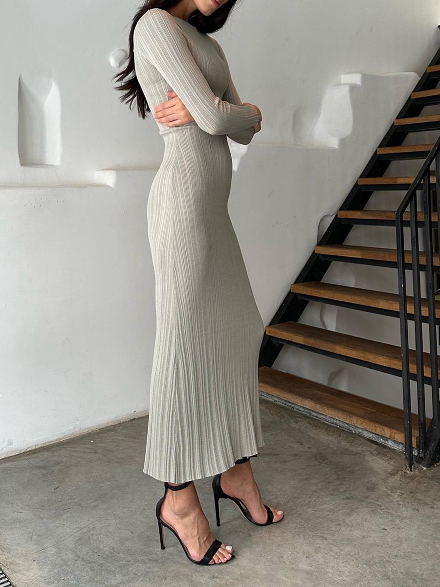 Vestido de punto ajustado de Color sólido para primavera y otoño para mujer, vestido acanalado de manga larga con cuello redondo, vestido largo ajustado