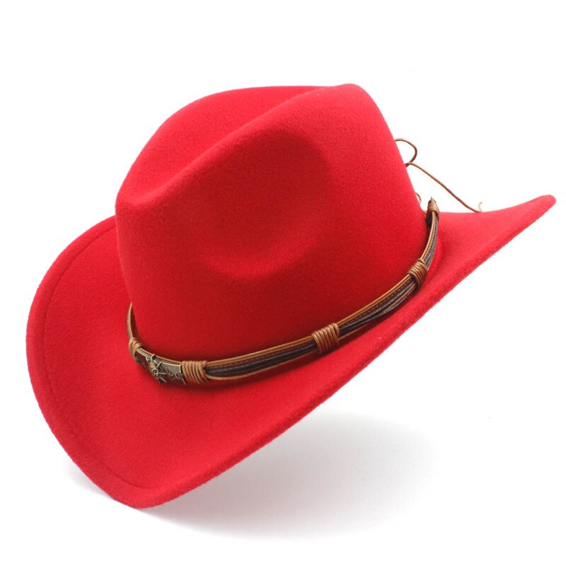 Mistdawn dame herre ull vestlig cowboyhatt herre dame cowgirl jazz sombrero lokk belte str 56-58cm: Rød