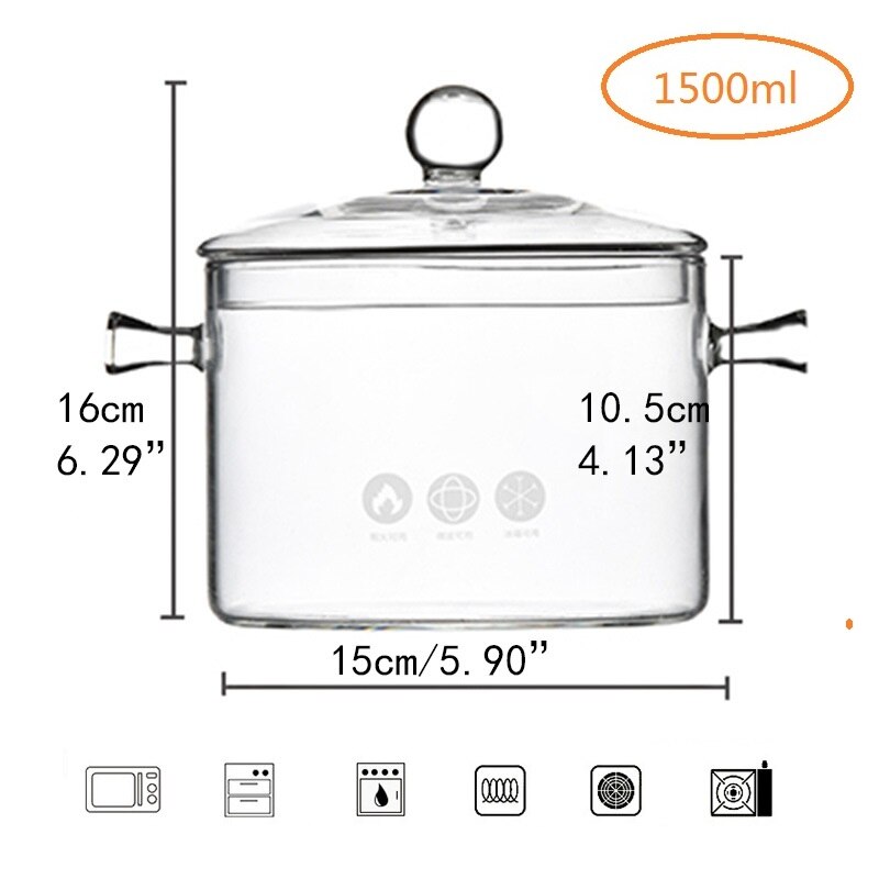 Clear Glass Soup Pot Transparent Glasses Bowl Household Heat-resistant Porridge Pot Kitchenware Cooking Tools Cook Utensil 1.5L