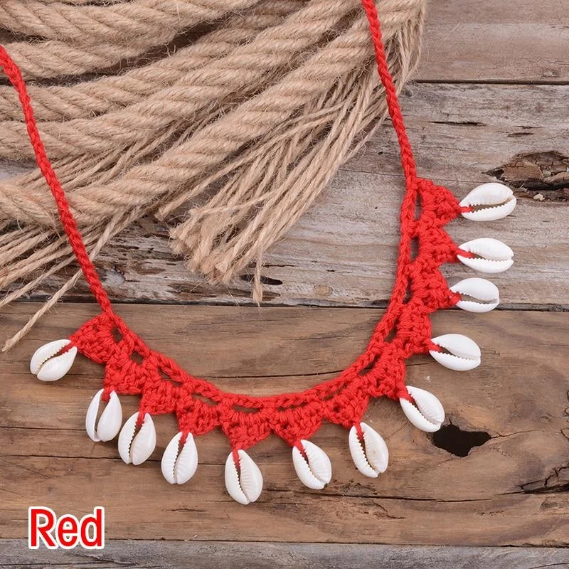 Collar de conchas bohemias para mujer, Gargantilla de cadena de cuerda tejida a mano, collares de cuentas de playa de verano, joyería: Rojo