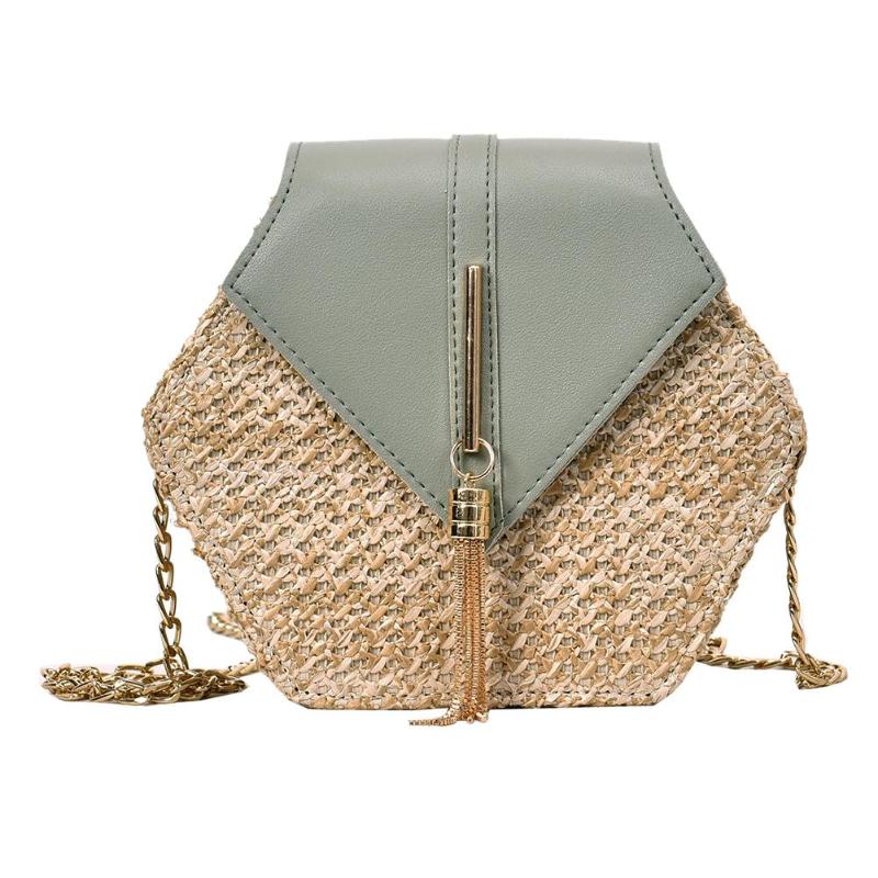 Hexagon Mulit Stijl Stro + pu Tas Handtassen Vrouwen Zomer Rotan Tas Handgemaakte Geweven Strand bolsa feminina: Green A