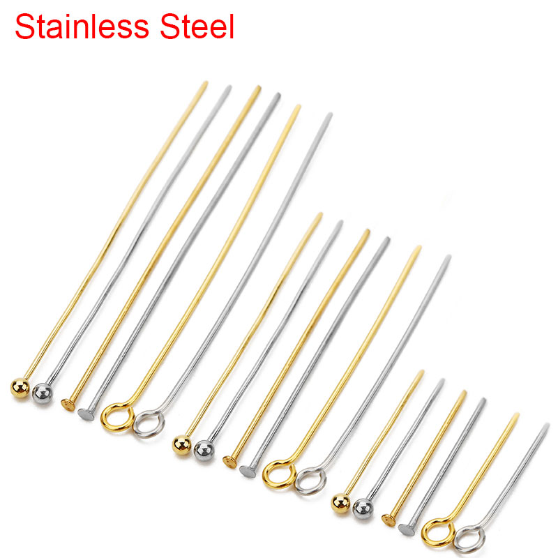 100 Uds. Agujas de cabeza plana de ojo de acero inoxidable a granel 20mm 30mm 40mm conector de alfileres de cuentas de bola de Color dorado para fabricación de joyas