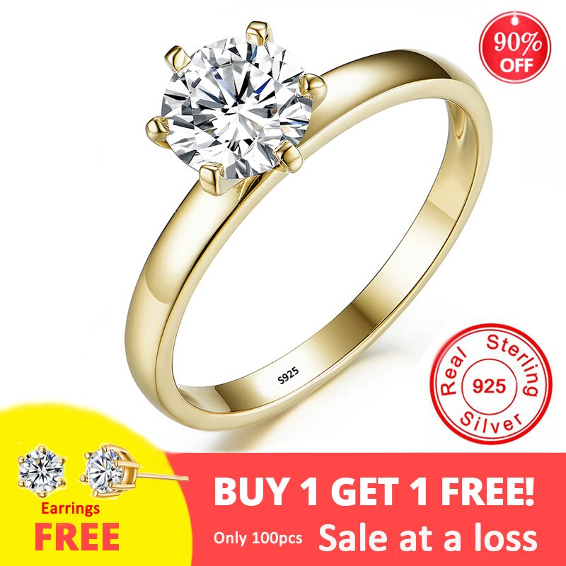 Klassieke 18K Geel Goud Kleur Ring Luxe Solitaire 6Mm 1 Carat Lab Diamond Wedding Band Nooit Vervagen Tibetaanse zilver 925 Sieraden