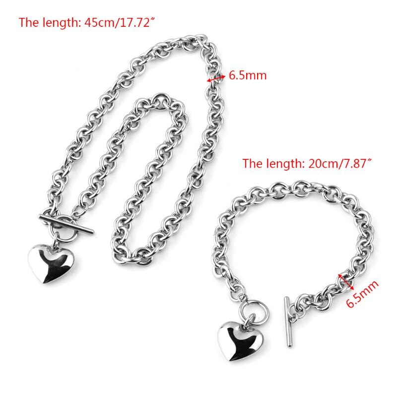 1 Set Women Stainless Steel Chain Heart Toggle Bracelet Necklace Jewelry Set