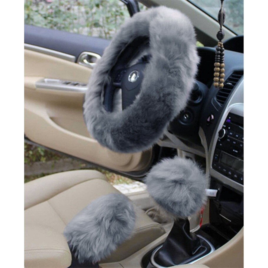 Bil-styling 3 stk / sæt charme varm lang uld plys bil rattet uld bil håndbremse tilbehør rat: Grå