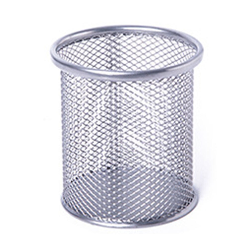 Mesh Metal Makeup Brushes Holder Pen Pencil Brush Pot Holder Storage Container Office Desk Organizer Cosmetic Pen Box: Silver  Round