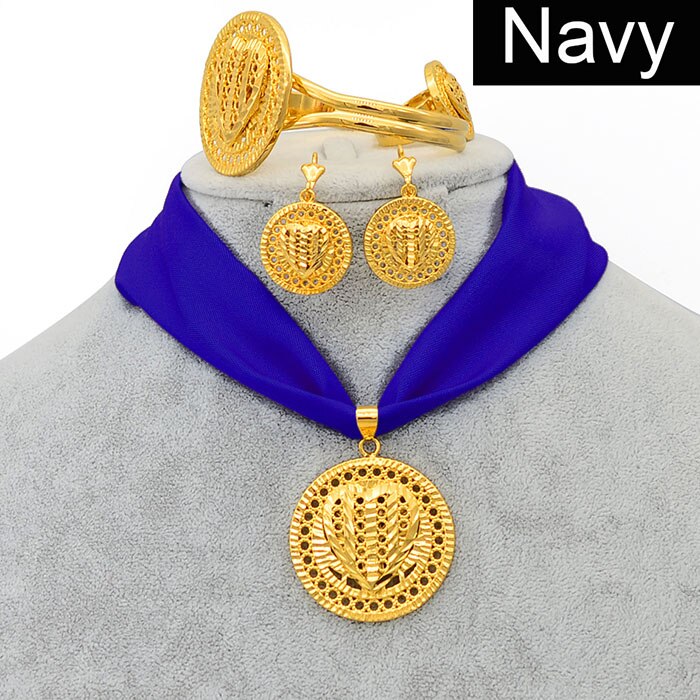 Anniyo DIY Rope Chain Ethiopian Jewelry set Ethnic Style Gold Color Heart Eritrea Habesha Pendant Earrings Ring Bangle #229006: Navy