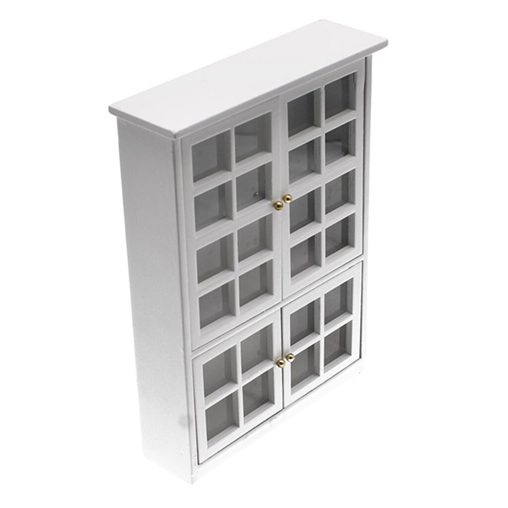 Miniatyr dockskåp vitrinskåp - dockhus mini möbelskåp/bokhylla vitrinhylla  - 1/12 skala (medium vit)