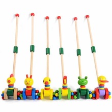 Zuigeling Kinderen Educatief Duwstang Praktijk Trolley Cartoon Dier Trolley Houten Trolley Gemengde-Learner Toy