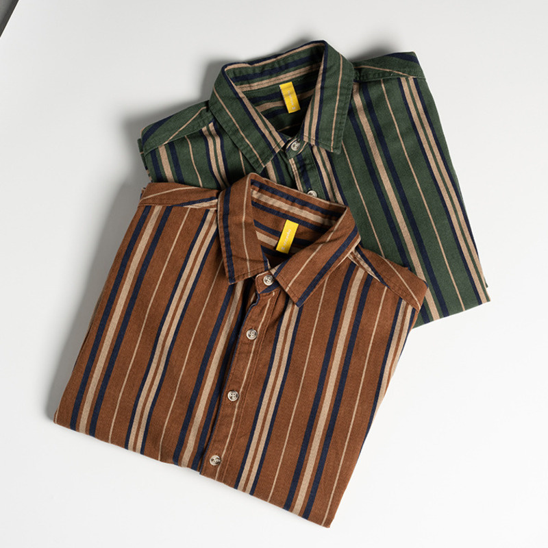 Camisas De algodón De manga larga con botones para Hombre, Camisas De rayas verticales verdes Vintage, Tops, ropa De calle coreana