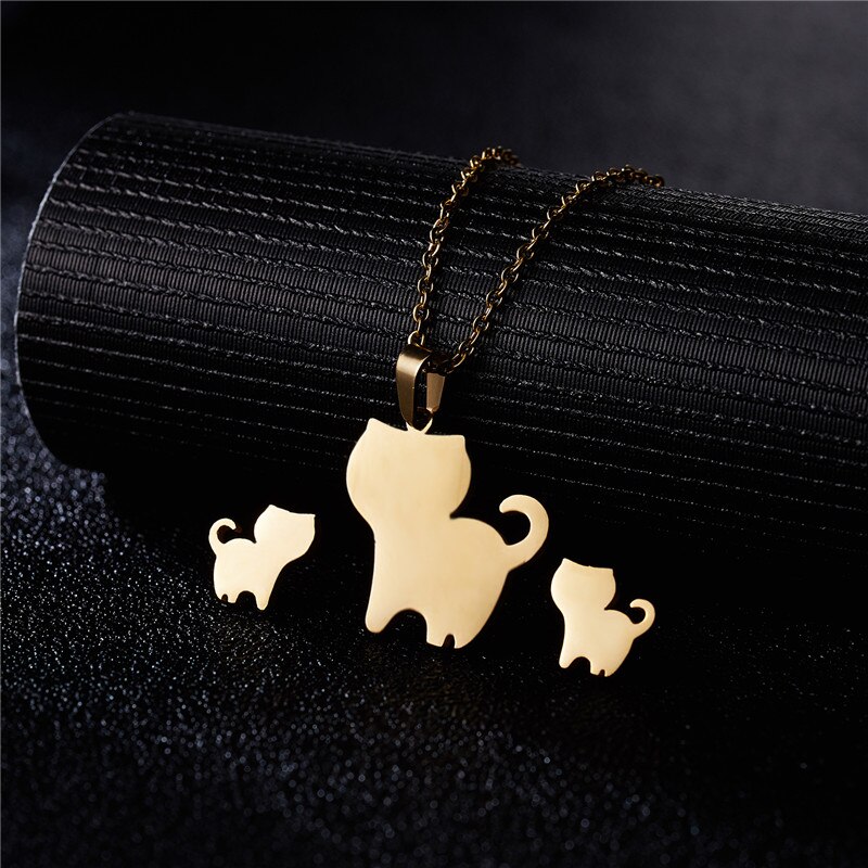 Rinhoo Dier Vlinder Rvs Hanger Ketting Sets Voor Vrouwen Kat Visgraten Ketting Oorbellen Sieraden: Cat-1