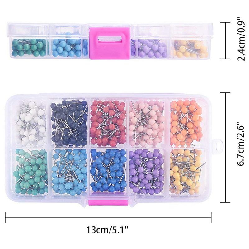1000 Pieces 1/8 inch Map Push Pins Map Tacks with Plastic Round Heads and Steel Needle Points 10 Colors (Each Color 100 PCS)