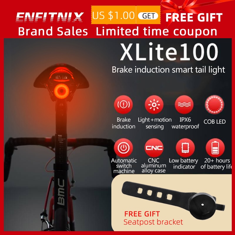 Xlite100 Fiets achterlichten Intelligente sensor remlichten ENFITNIX usb racefiets MTB achterlichten & Nummer plaat beugel
