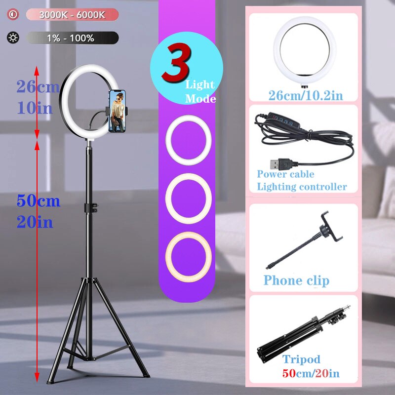 10 "LED Selfie Ring Licht Kreis Füllen Licht Dimmbar Runde Lampe Stativ Fotografie RingLight Trepied machen-hoch Telefon Ständer Halfter: mit 50cm Stativ