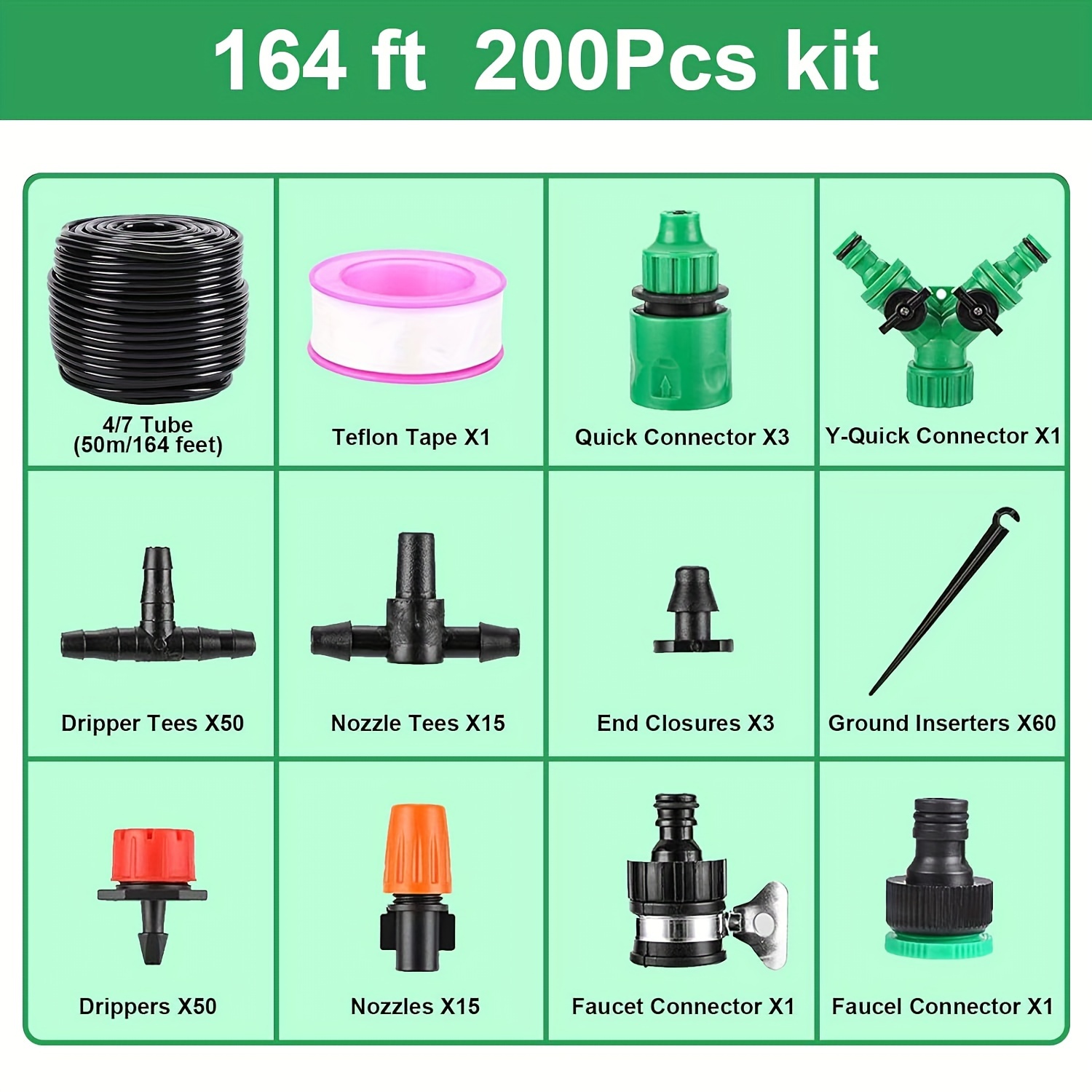 200pcs Garden Drip Irrigation Kit,164FT/50M Greenhouse Micro automatic Drip Irrigation system Kit with Blank Distribution