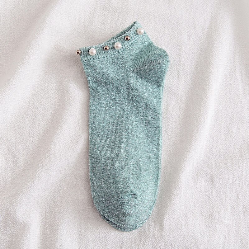 Harajuku enkelsokken zilveren zijden parel damessokken zomer herfst dames katoenen korte sokken: Blauw