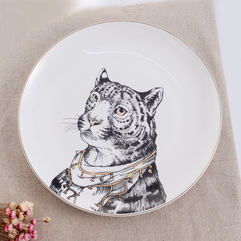Assiettes à dîner en céramique De | Série animaux Royal Noble De 8 pouces, assiettes De table en porcelaine blanche en os De: Leopard