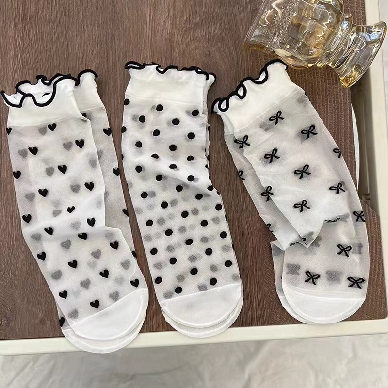 Sokken Vrouwen Ultradunne Vrouwelijke Middelste Buis Ruche Mesh Sokken Dot Love Print Zomer Zijde Schattige Kawaii Lolita Dunne Kous