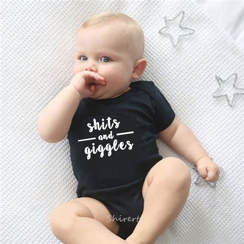 SHITS AND GIGGLES Letters Print Infant Bodysuits White Short Sleeve Kids Jumpsuits Summer Cotton Baby Clothes For Boys Girls