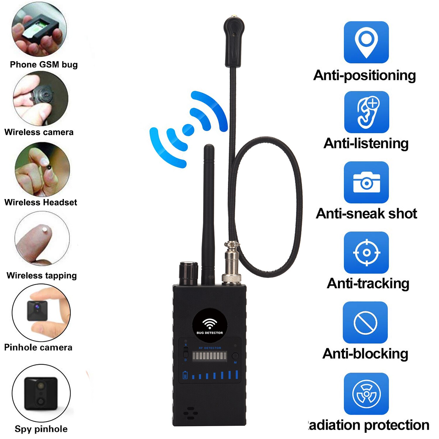 Anti-Candid Dual Antenne Anti Spy Detector Rf Signaal Finder Voor Gsm Bug Gps Magneet Tracker Draadloze: Black