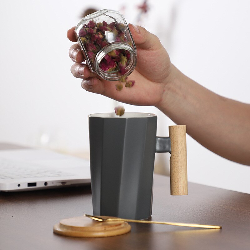 380ml Wood Handle Ceramic Coffee Mug Polygonal Office Home Milk Tea Cup For