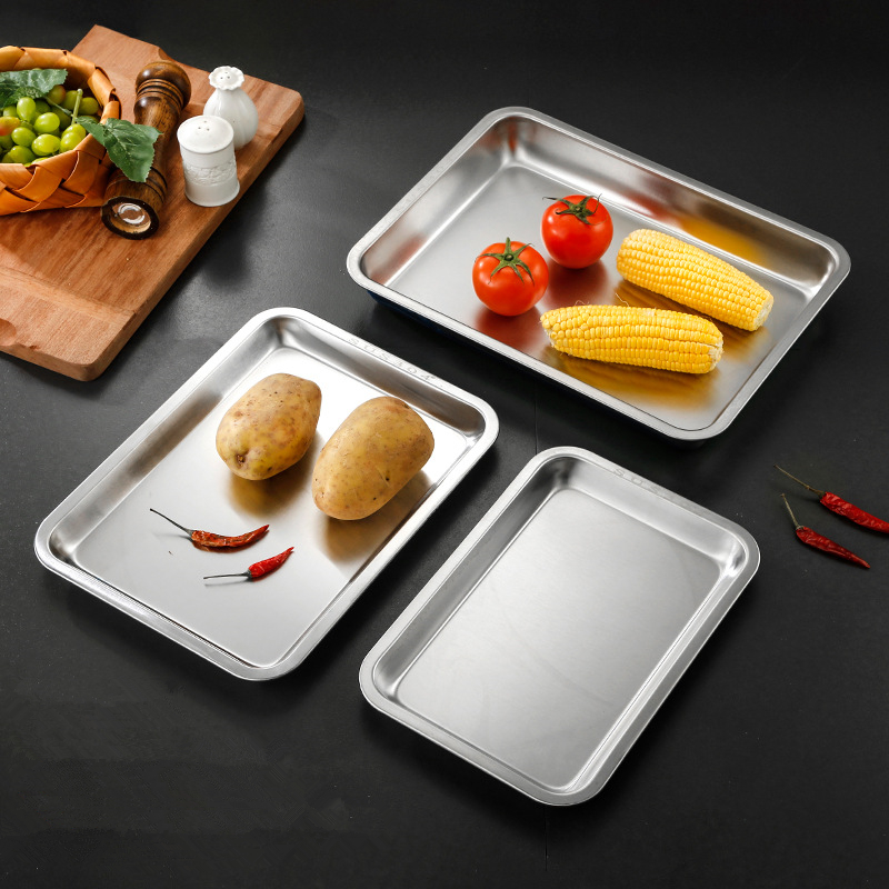 Bandeja de almacenamiento rectangular de acero inoxidable, plato de cena, horno, pastel, bandeja para hornear, pan, recipiente de comida, accesorios de cocina