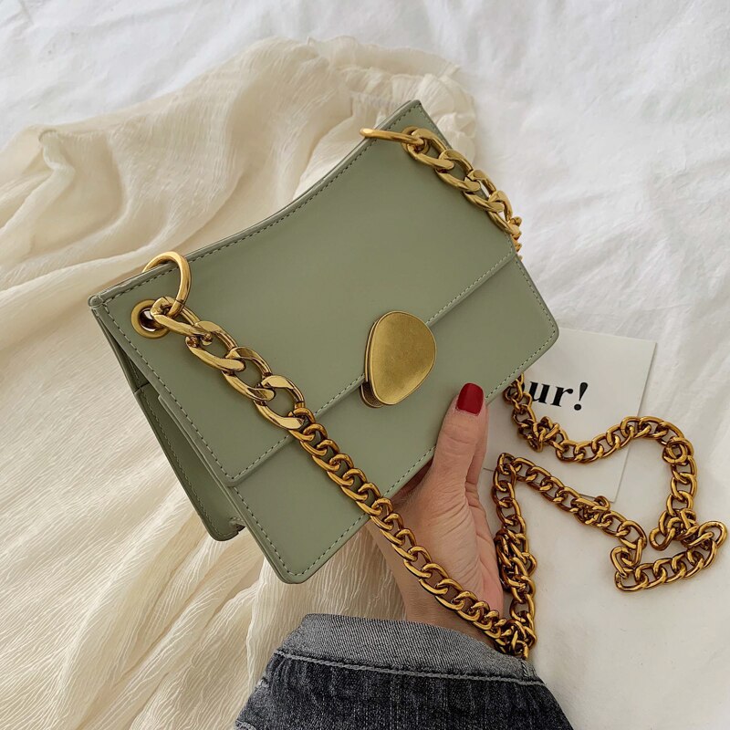 Female Flap Square Bag Leather Women's Handbag Lock Chain Shoulder Messenger Bag Bolsos Mujer: Matcha green