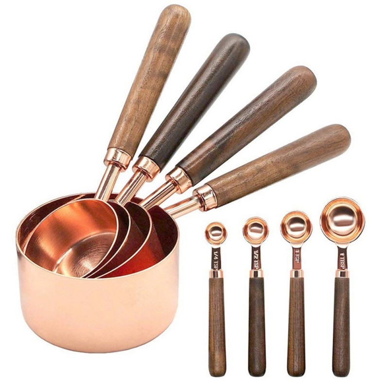 4 stk/sæt rose guld køkken bagning målebægre rustfrit stål måleske scoop sæt træhåndtag køkken måleværktøj