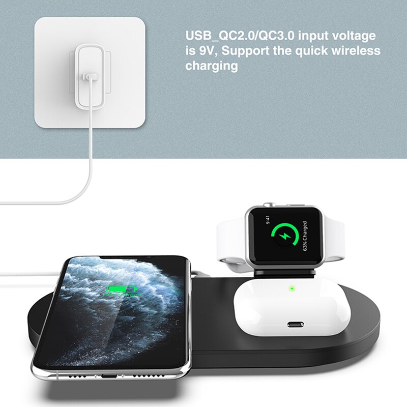 Qi Wireless Charger 3in1 15W (MAX) Fast Charging Stand Dock for Apple Watch 5 4 Airpods 2 3 Wireless Charge for iPhone Samsung